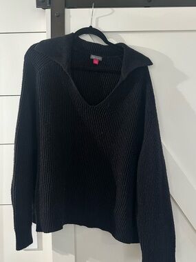 Vince Camuto Black V-Neck Collared Ribbed Oversized Sweater